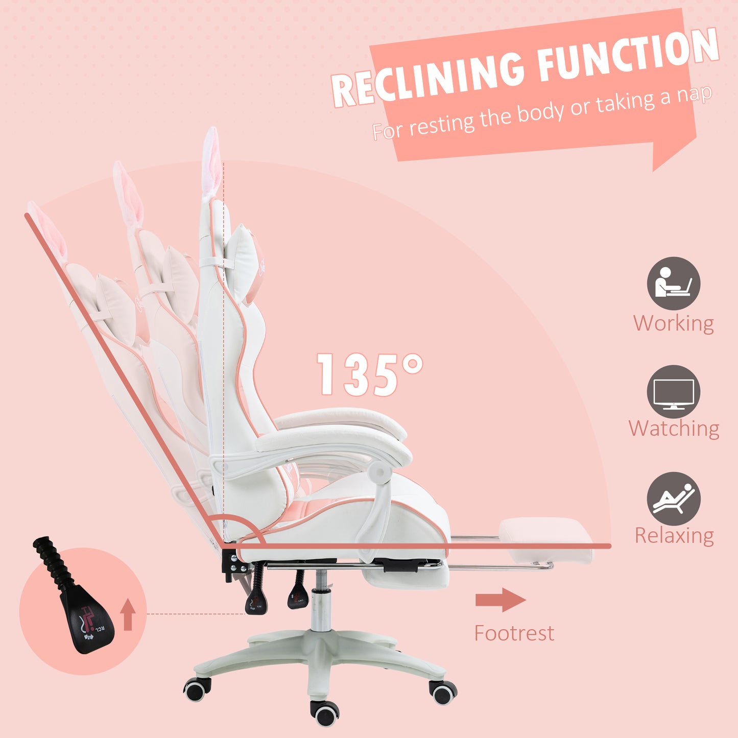 Cute Racing Gamer Chair, PU Leather Gaming Chair with Footrest, Headrest and Lumbar Support, Pink