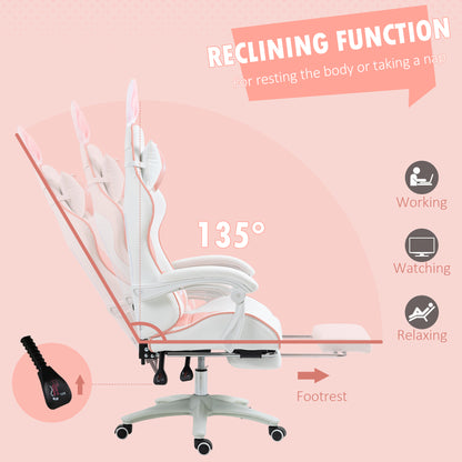 Cute Racing Gamer Chair, PU Leather Gaming Chair with Footrest, Headrest and Lumbar Support, Pink
