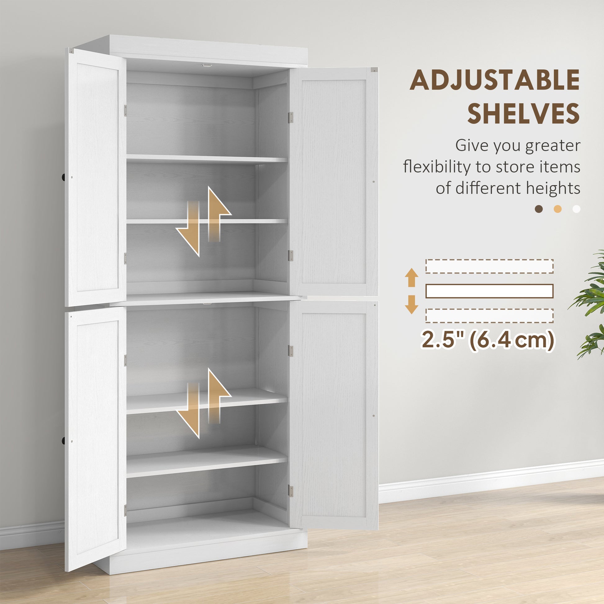 72.5" Freestanding Kitchen Pantry Cabinet with 4 Doors, White