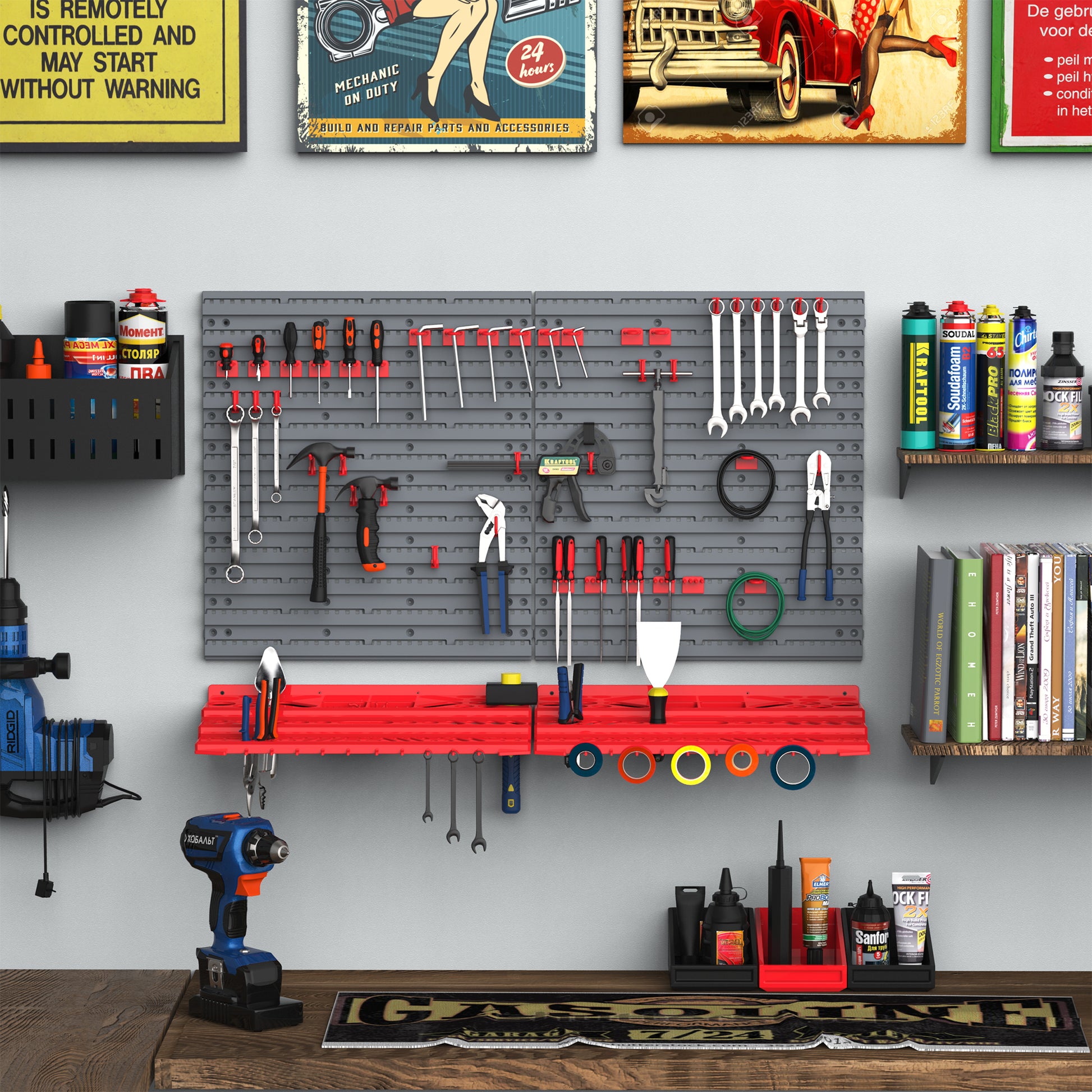 54 Piece Plastic Pegboard Panels, Peg Board with Accessories, Shelf Tool Organizer, Wall Mounted DIY Garage Storage with 50 Hooks, Red