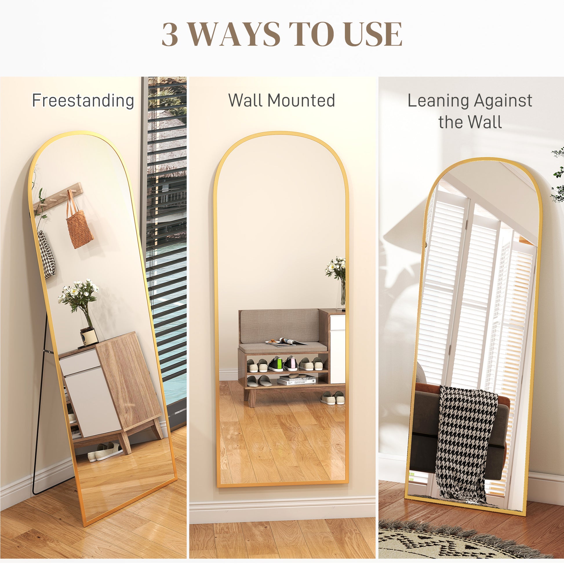 Arched Standing Mirror, 64" x 24" Full Length Mirror, Free Standing or Wall Mounted for Living Room, Bedroom, Gold