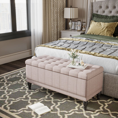 Storage Ottoman, Linen Fabric End of Bed Bench with Soft Close Lid, Button Tufted Storage Bench for Living Room, Entryway or Bedroom, 42" x 17" x 19", Beige