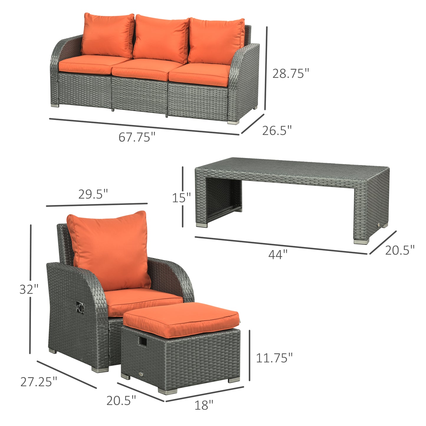 6 Pieces Patio Furniture with 2 Recliner Chairs, PE Wicker Sectional Furniture Conversation Set with a 3-Seat Sofa, 2 Footstools, Table, Cushions, Orange