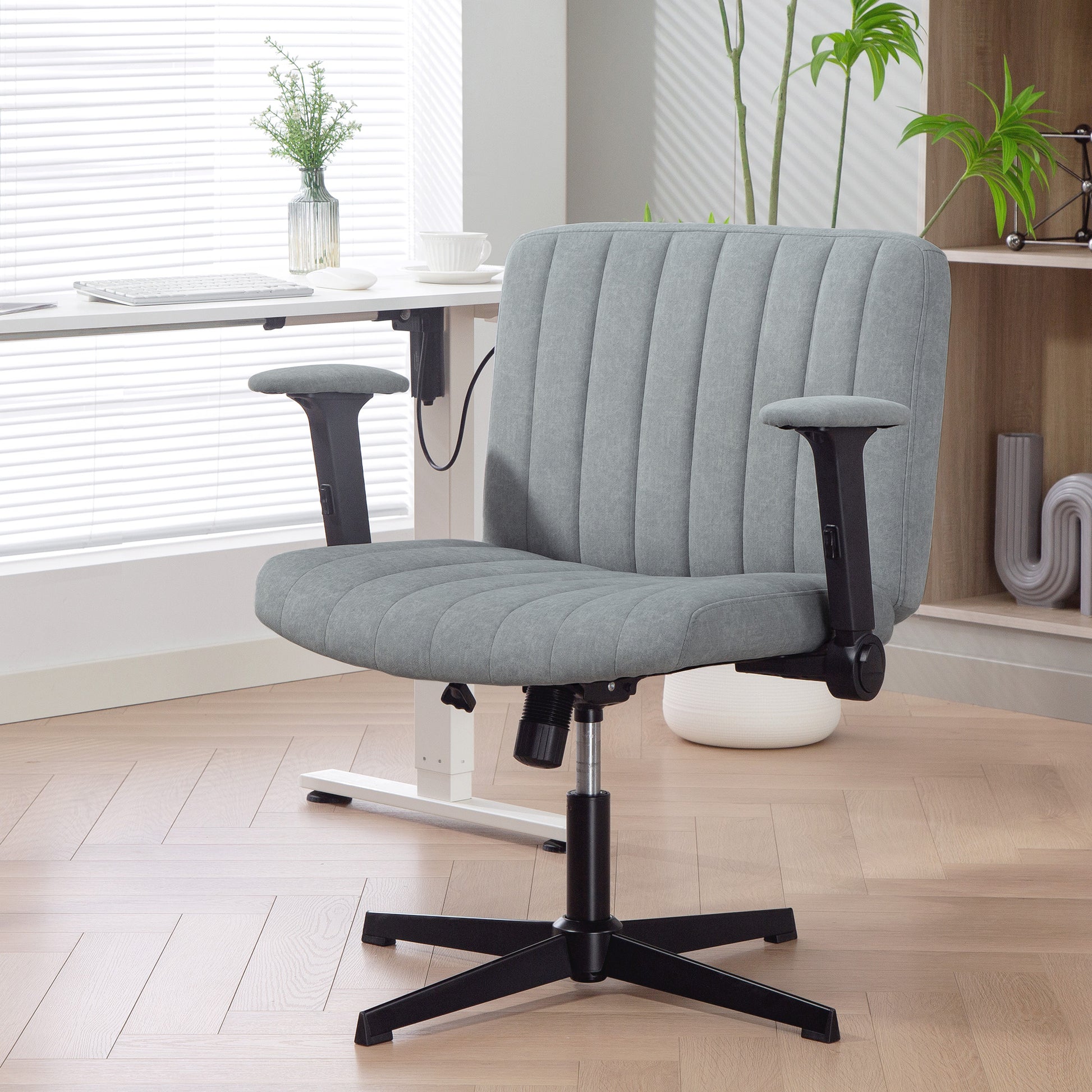 Criss Cross Chair with Flip-up Armrests, Wide Office Chair with Adjustable Height, Tilting, No Wheels, Grey