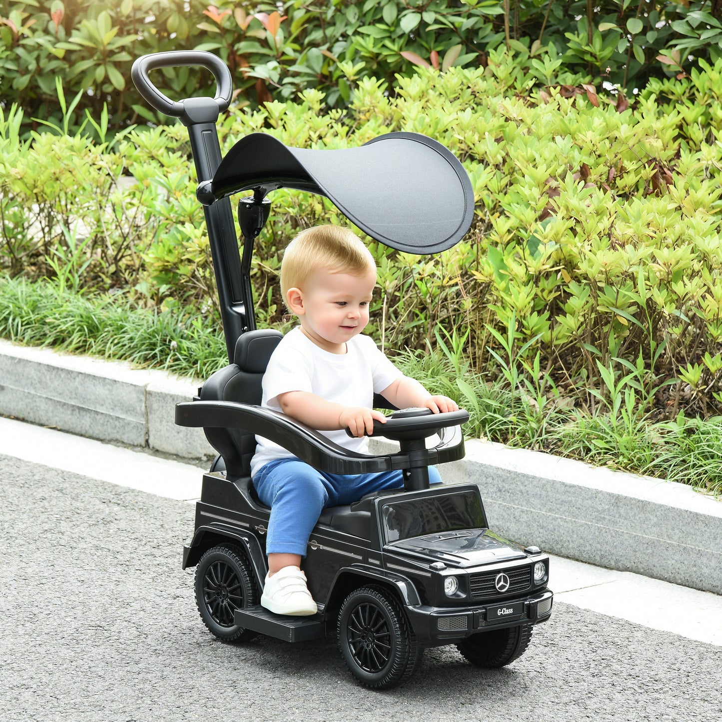 Aosom Mercedes-Benz G350 Licensed Push Car, 3-in-1 Toddler Sliding Car with Horn, Steering, Foot Rest, Seat Storage, Black