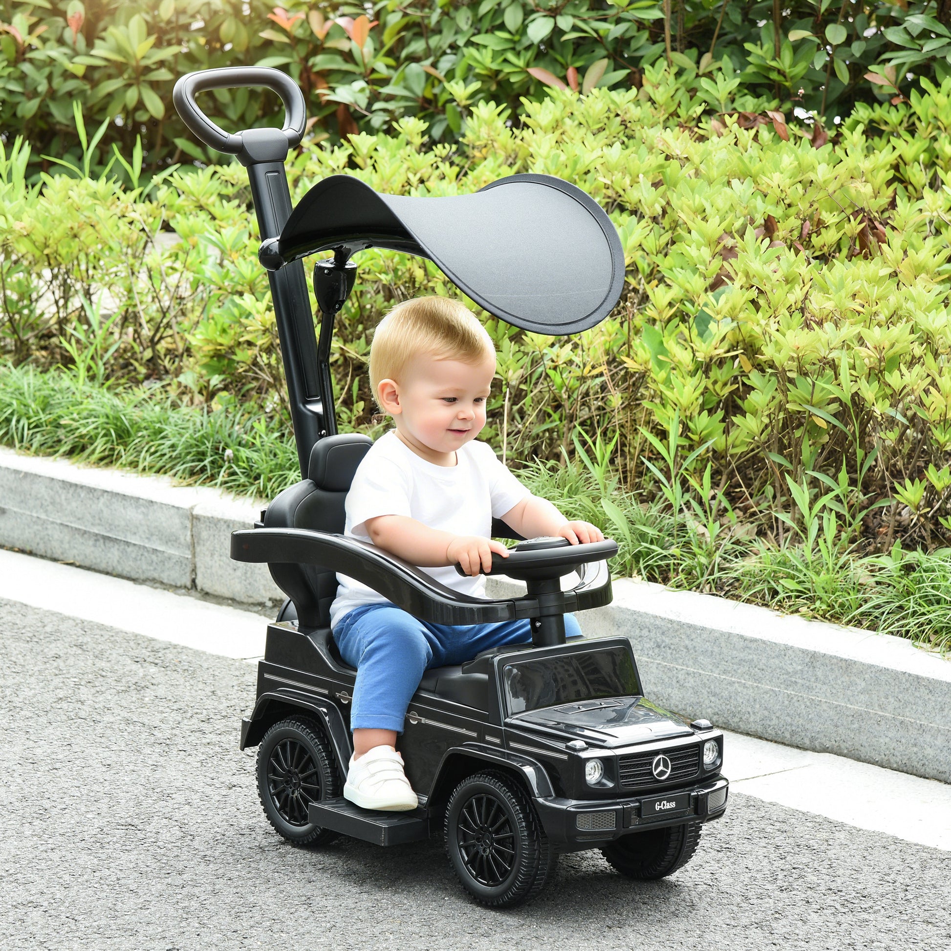 Aosom Mercedes-Benz G350 Licensed Push Car, 3-in-1 Toddler Sliding Car with Horn, Steering, Foot Rest, Seat Storage, Black