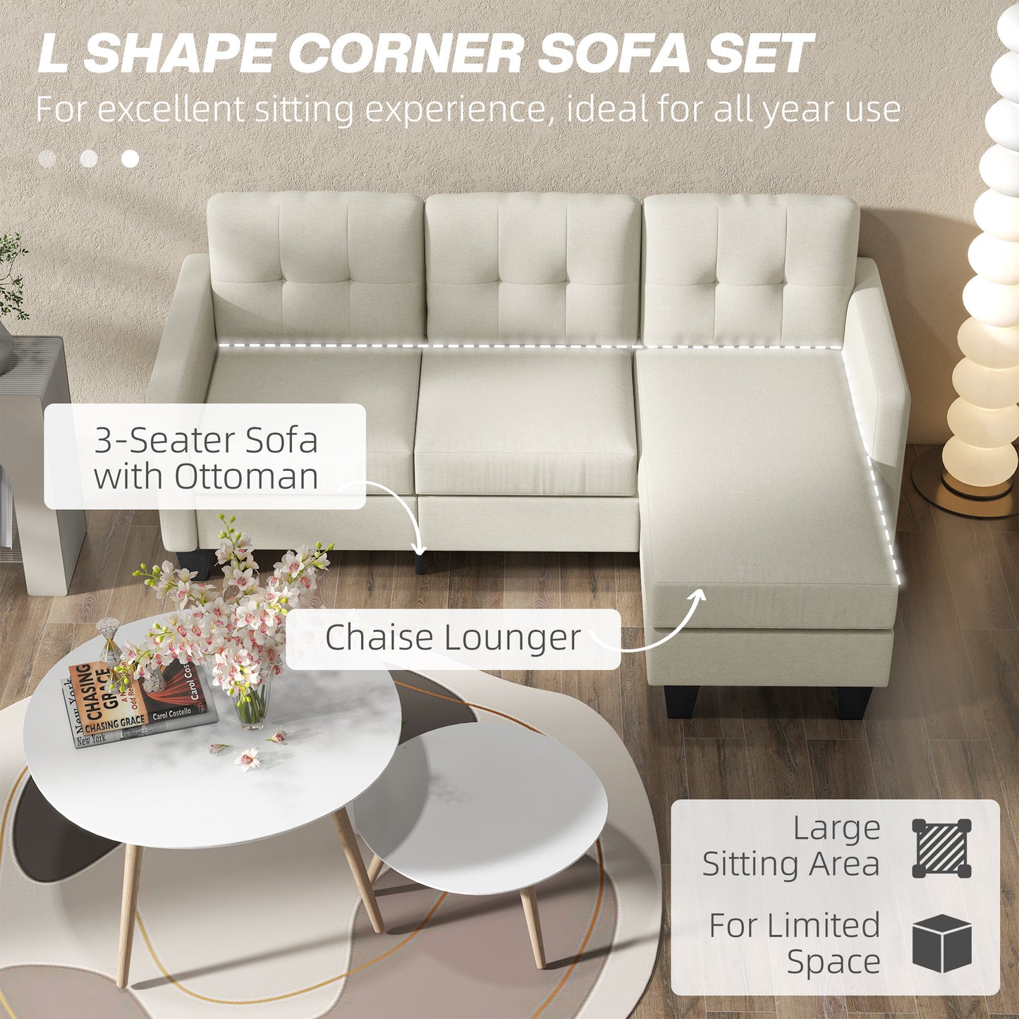 Small Corner Sofa, 3 Seater Sectional Couch with Ottoman, Corner Sofa with Thick Padded Cushion and Wood Legs, Beige