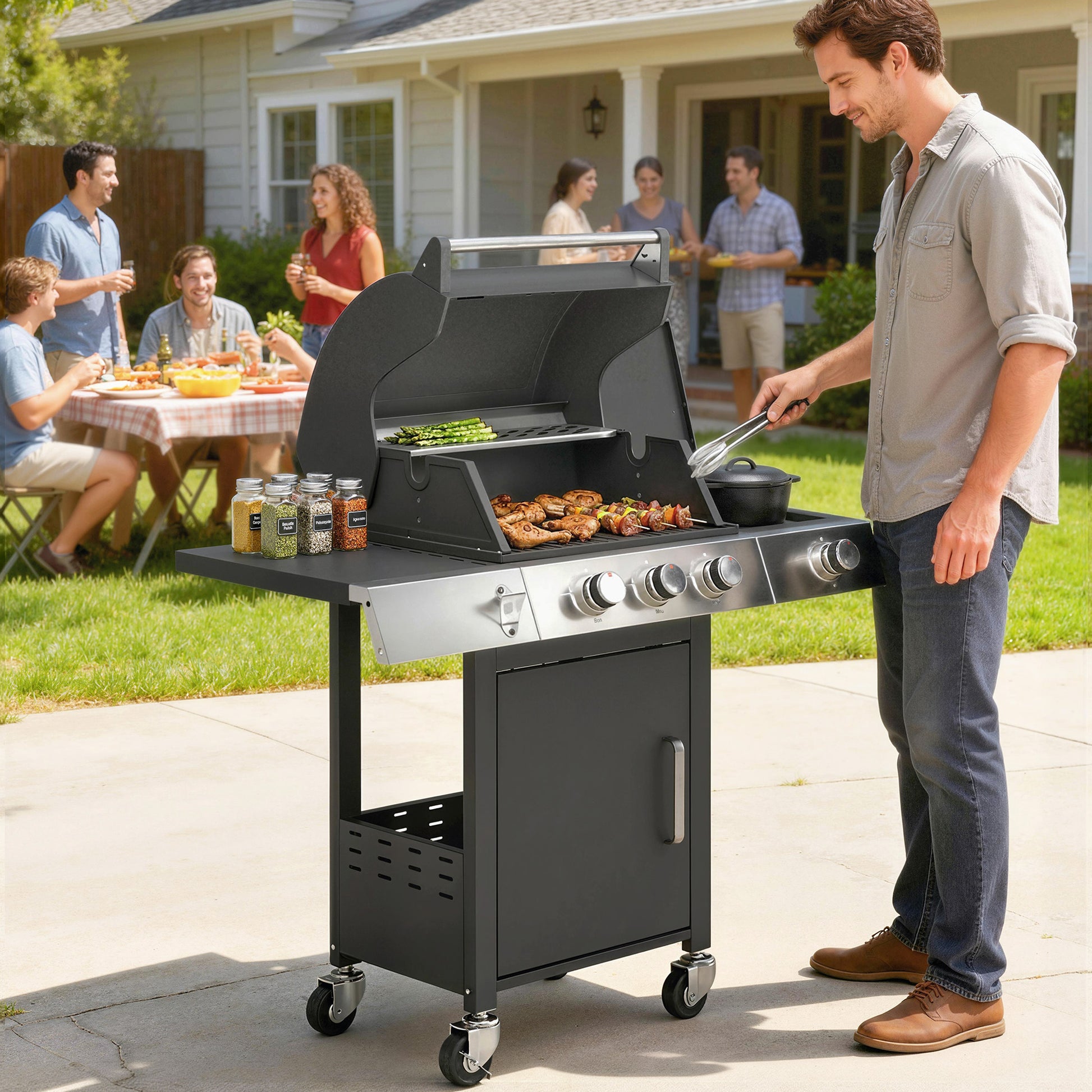 3 Burner Propane Gas Grill with Side Burner, 36,000 BTU BBQ Grill with Cast Iron Grates, Wheels, Warming Rack, Cabinet