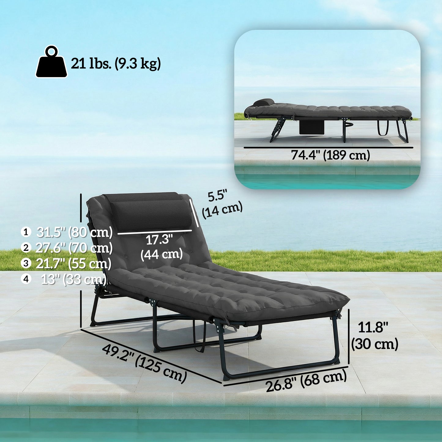 Folding Lounge Chair with 4-level Reclining Back & Cushion, Dark Grey