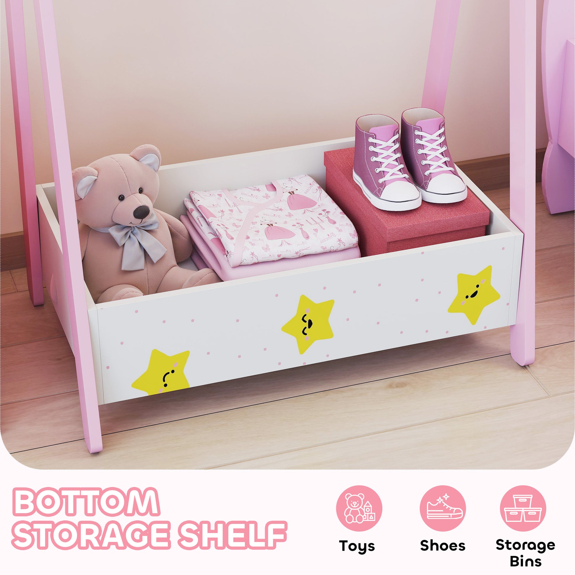 Qaba Kids Clothing Rack with Storage Shelf, Hangers, for Nursery Room, Living Room, Playroom, Pink
