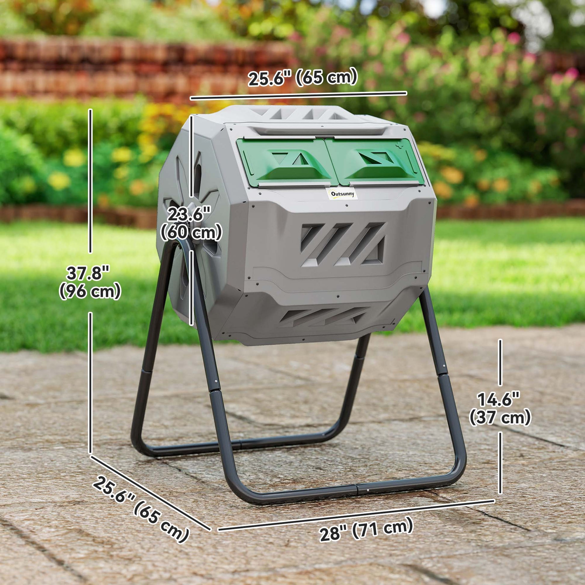 Tumbling Compost Bin Outdoor Dual Chamber 360° Rotating Composter 43 Gallon with Sliding Doors, Dark Green