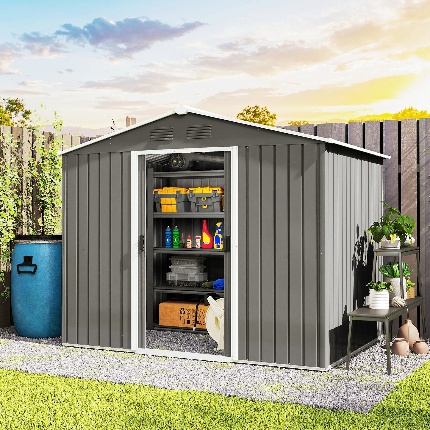 8' x 6' Outdoor Storage Shed, Metal Garden Tool Storage House with Lockable Sliding Doors and Vents for Backyard Patio Lawn, Light Grey