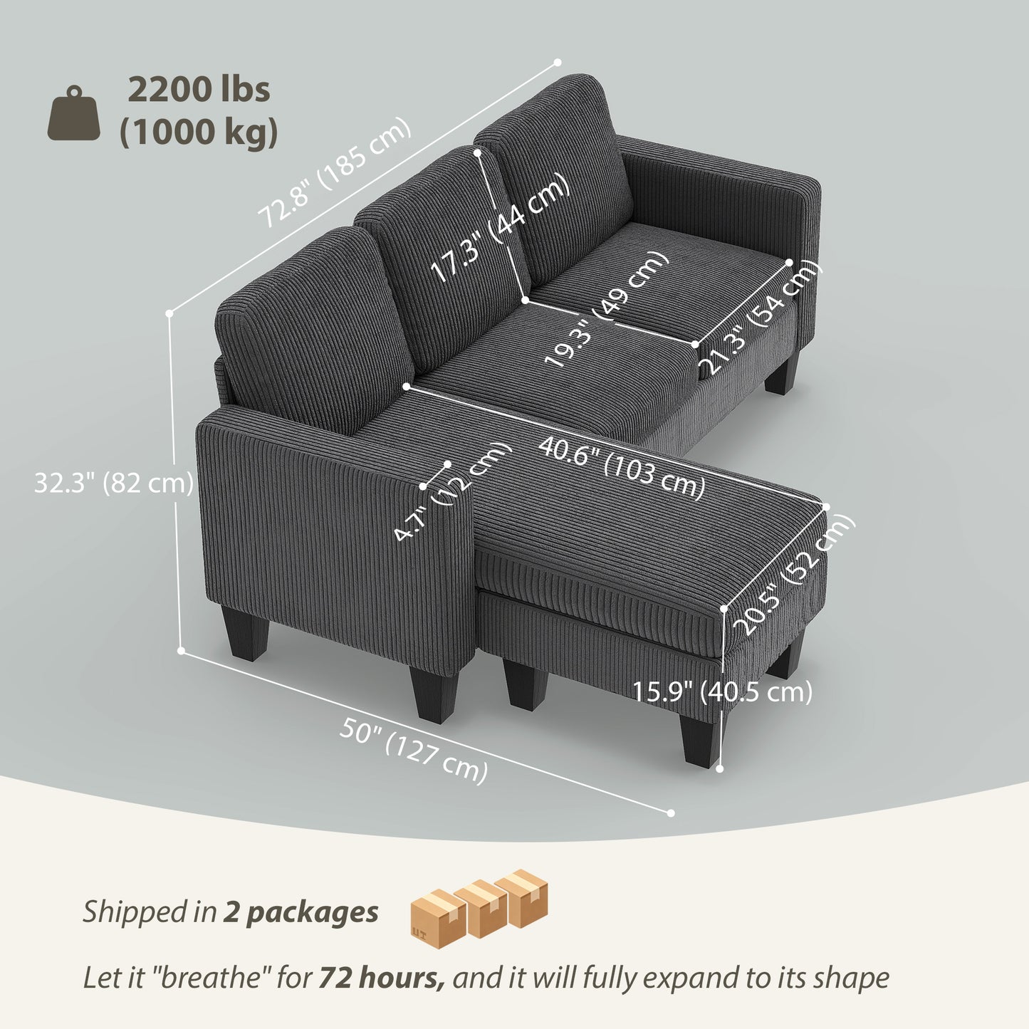 Sectional Sofa, L Shaped Couch, with Changeable Chaise or Ottoman, Dark Grey