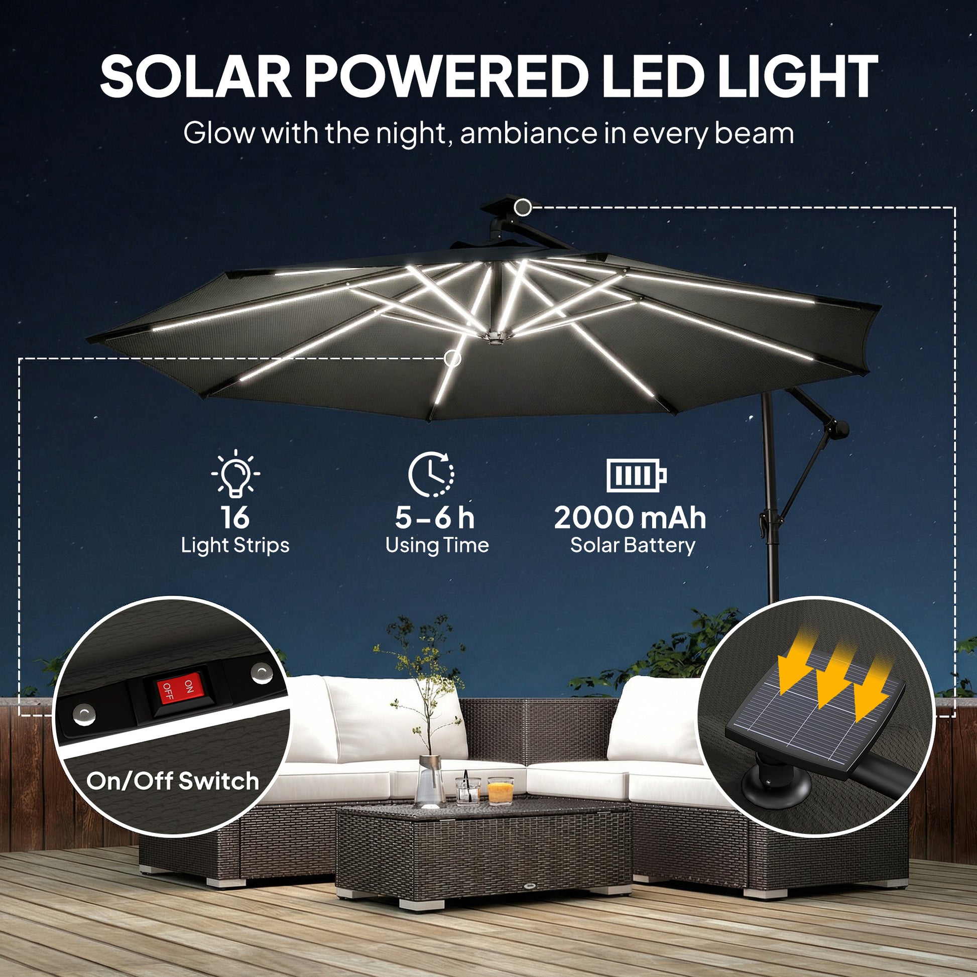 10 ft Offset Patio Umbrella with Solar Light, Garden Hanging Parasol with 360° Rotation, Tilt, Cover, Black