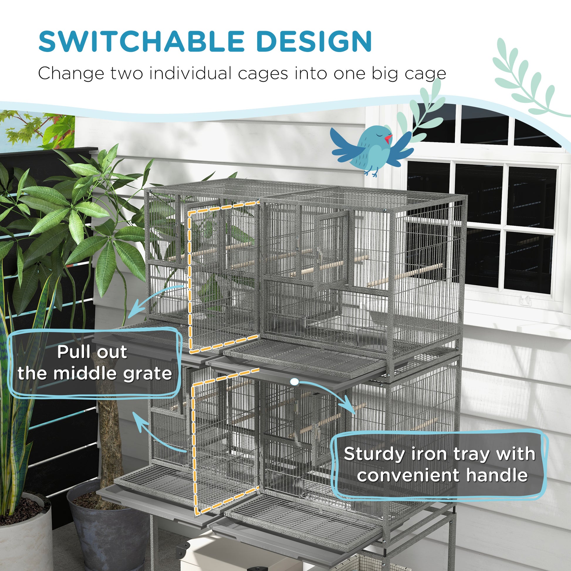 61"H Divided Breeder Bird Cage with Rolling Stand Removable Metal Tray, Storage Shelf, Wood Perch, and Food Container, Dark Grey