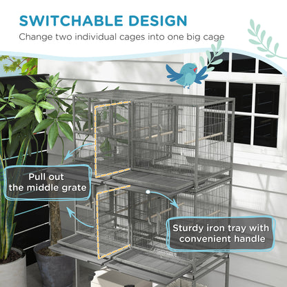 61"H Divided Breeder Bird Cage with Rolling Stand Removable Metal Tray, Storage Shelf, Wood Perch, and Food Container, Dark Grey