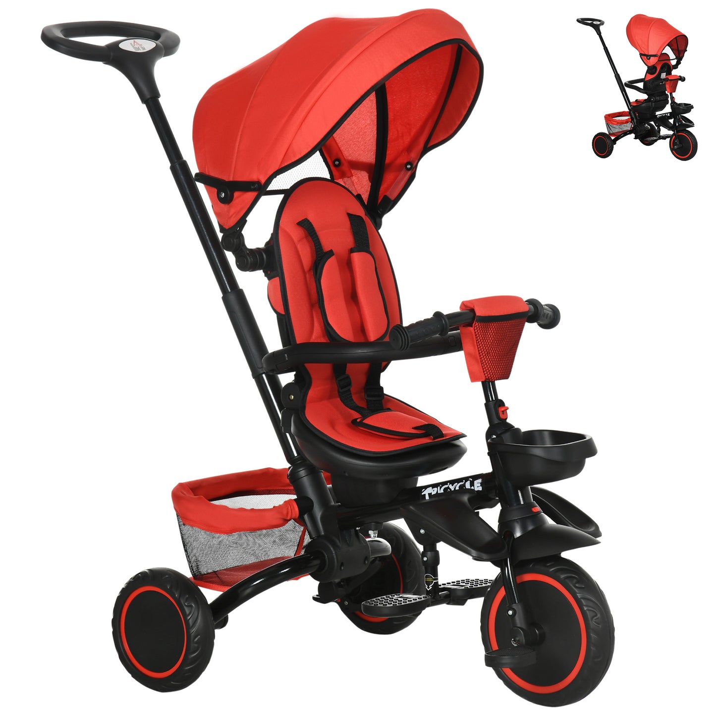 Aosom Tricycle for Toddler 6-in-1 Kids Trike, Foldable Converts Stroller to Baby Push Bike, Adjustable Backrest with Detachable Guardrail & Handle, Brake for 1-4 Years Old, Red
