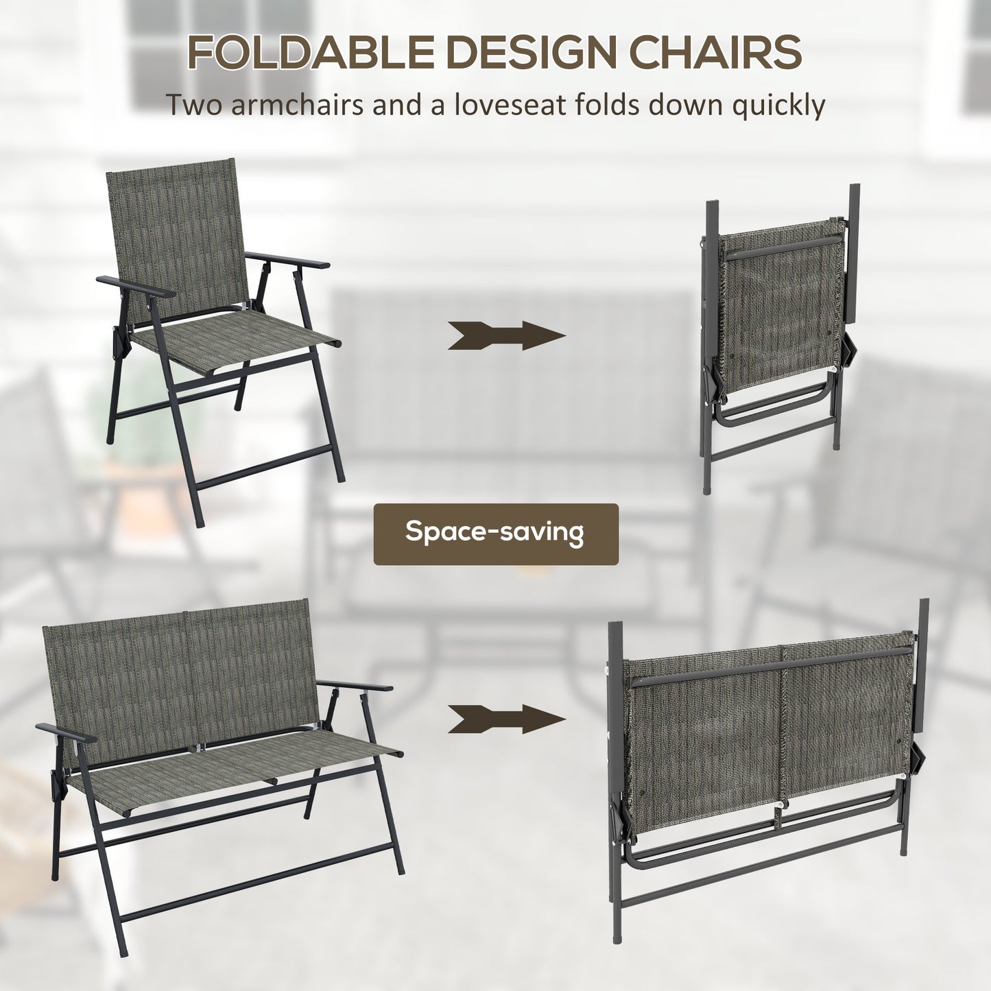 Outdoor 4 Pieces Patio Furniture Set, Garden Set with Two Foldable Armchairs, a Loveseat & Glass Top Table, Mixed Brown