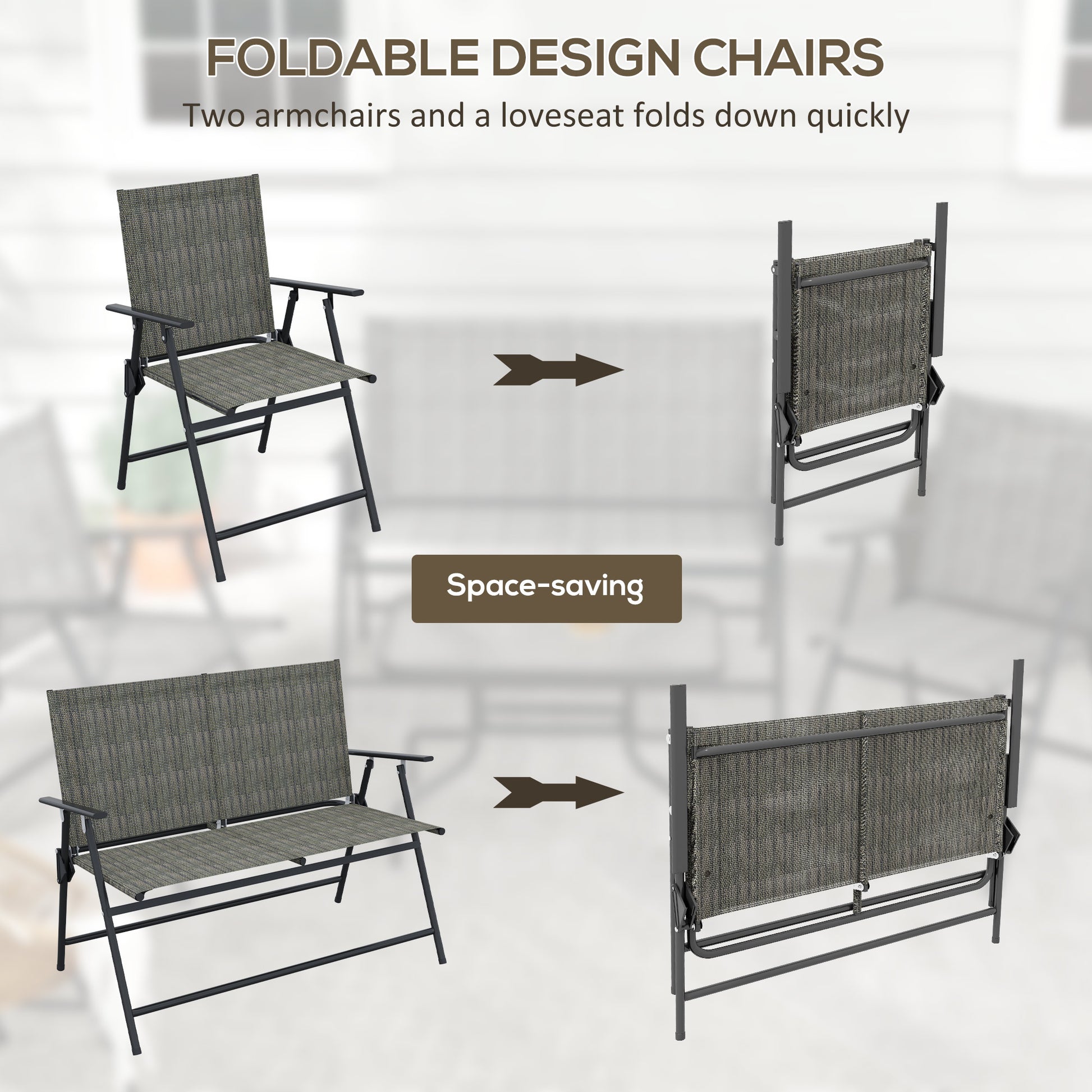 Outdoor 4 Pieces Patio Furniture Set, Garden Set with Two Foldable Armchairs, a Loveseat & Glass Top Table, Mixed Brown