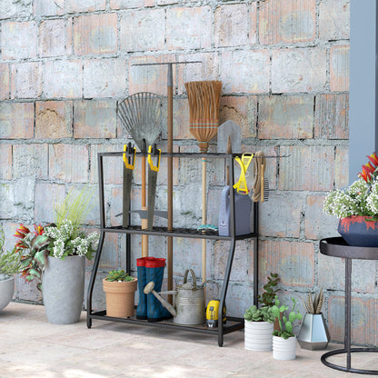 3-Tier Yard Tool Tower Rack, Garden Tool Organizer with Hooks for Long-Handled Rakes, Shovel, Broom, Black