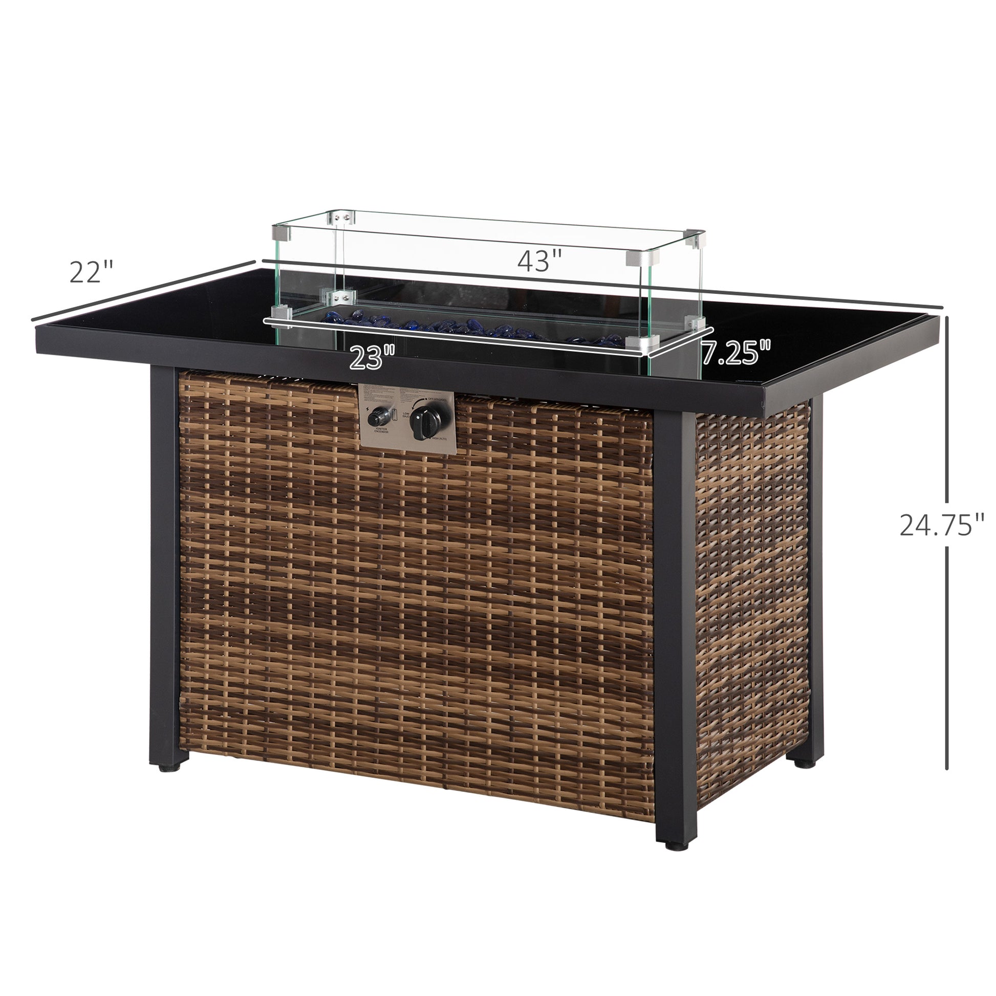 Outdoor Propane Gas Fire Pit Table, 50,000 BTU Electric Ignition Gas Firepit with Glass Cover, Black Glass Tabletop and CSA Certification, Brown