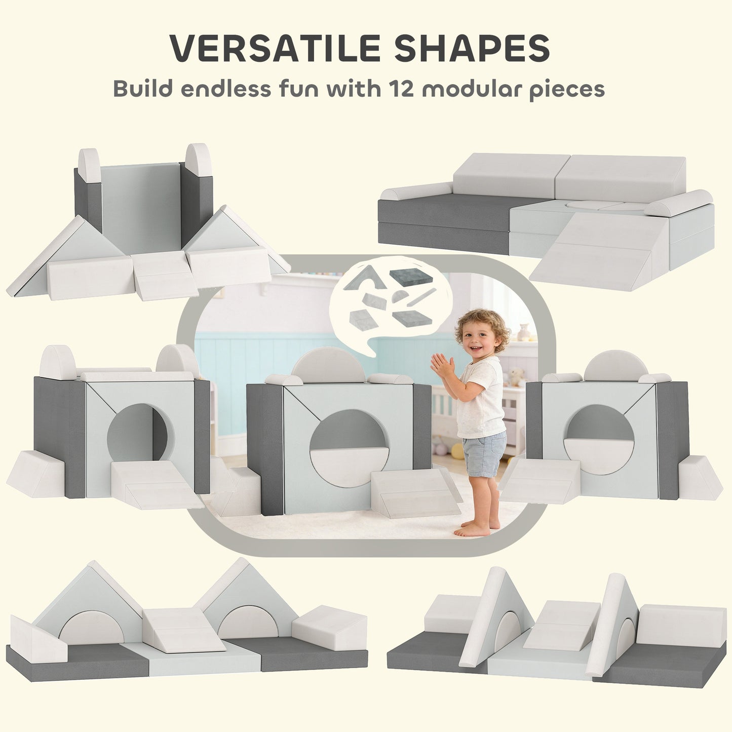 Qaba 12 PCS Modular Kids Play Couch, Child Sectional Sofa for Toddlers, Convertible Foam and Floor Cushion, Grey