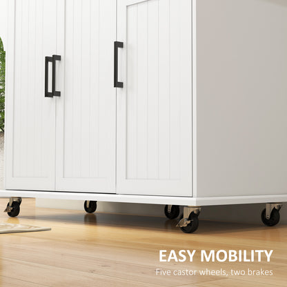 Kitchen Island with Storage, Rolling Kitchen Cart on Wheels, Kitchen Island with Storage, Drawer, 3 Cabinets, Stainless Steel Countertop, Spice Rack and Towel Rack, White