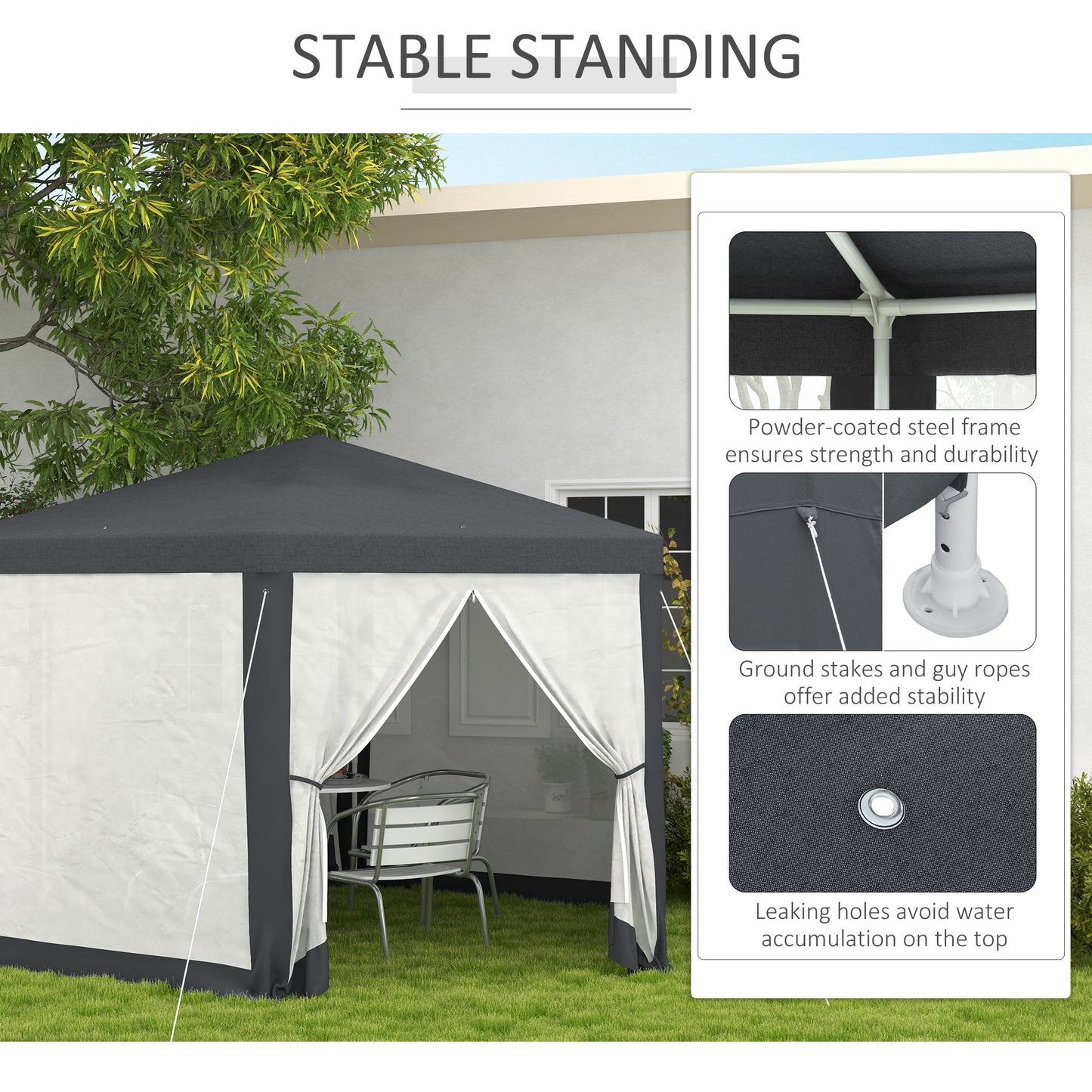 Φ13' Hexagon Party Tent Patio Gazebo Outdoor Activity Event Canopy Quick Sun Shelter Pavilion with Netting Mesh Sidewall, Dark Grey