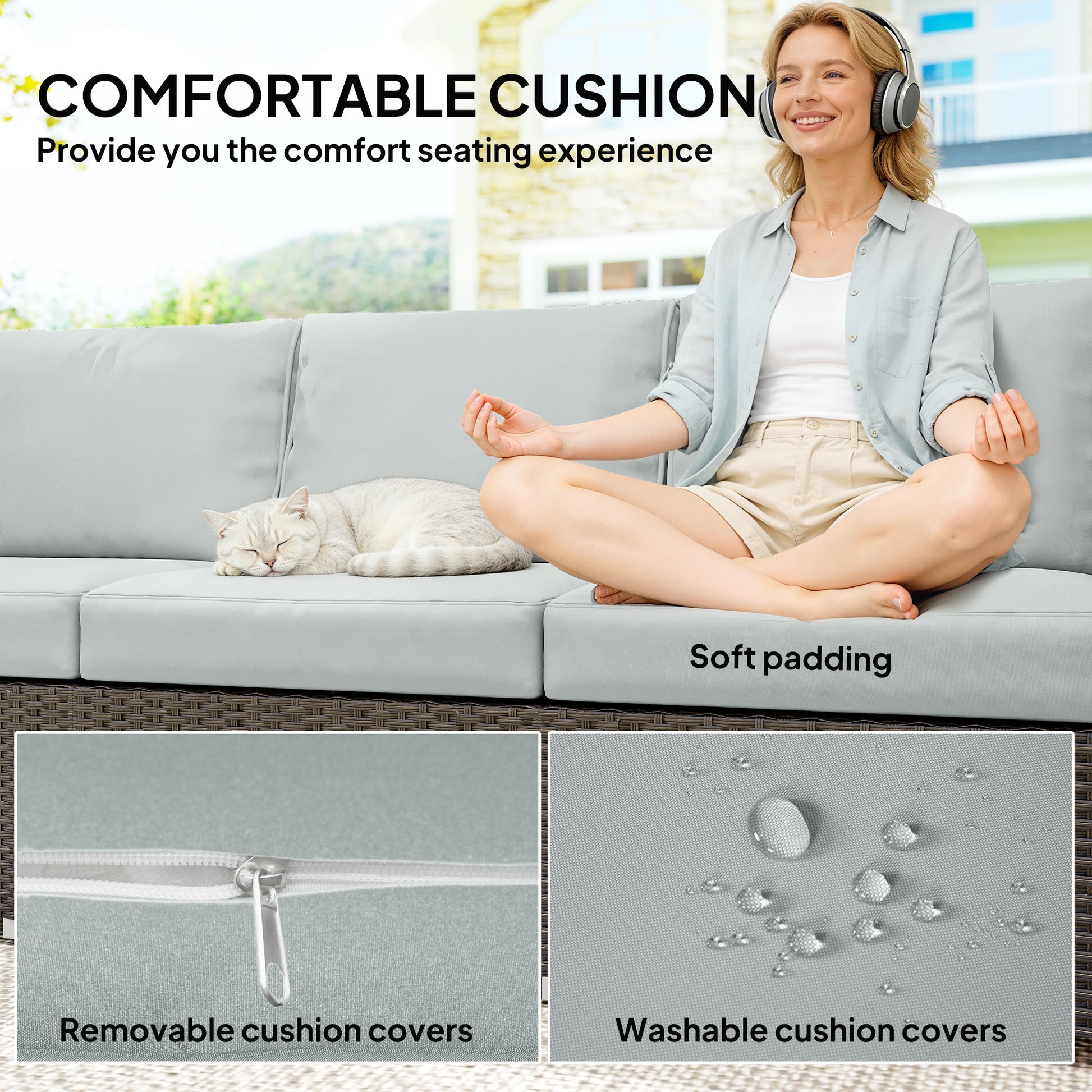 3-Seater Outdoor Sofa Couch, Wicker Patio Sofa with Wood Effect Armrests and Thick Cushions, Grey