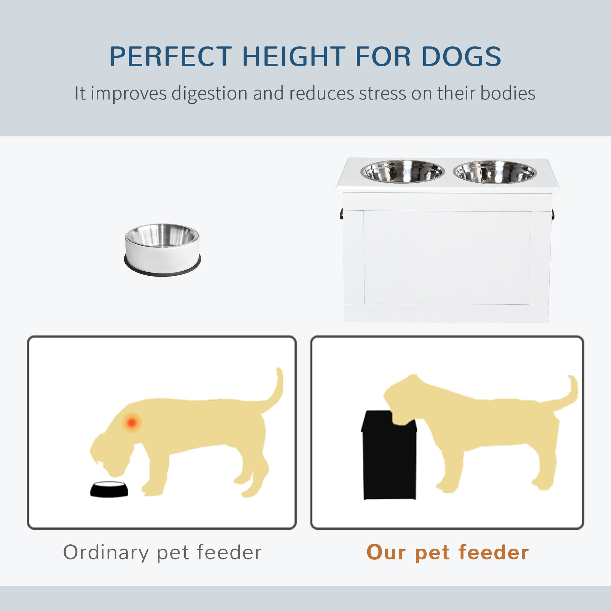 Large Elevated Pet Feeder with Storage Dog Pet Diner Function 2 Stainless Steel Dog Bowls Elevated Base for Large Dogs and Other Large Pet, White