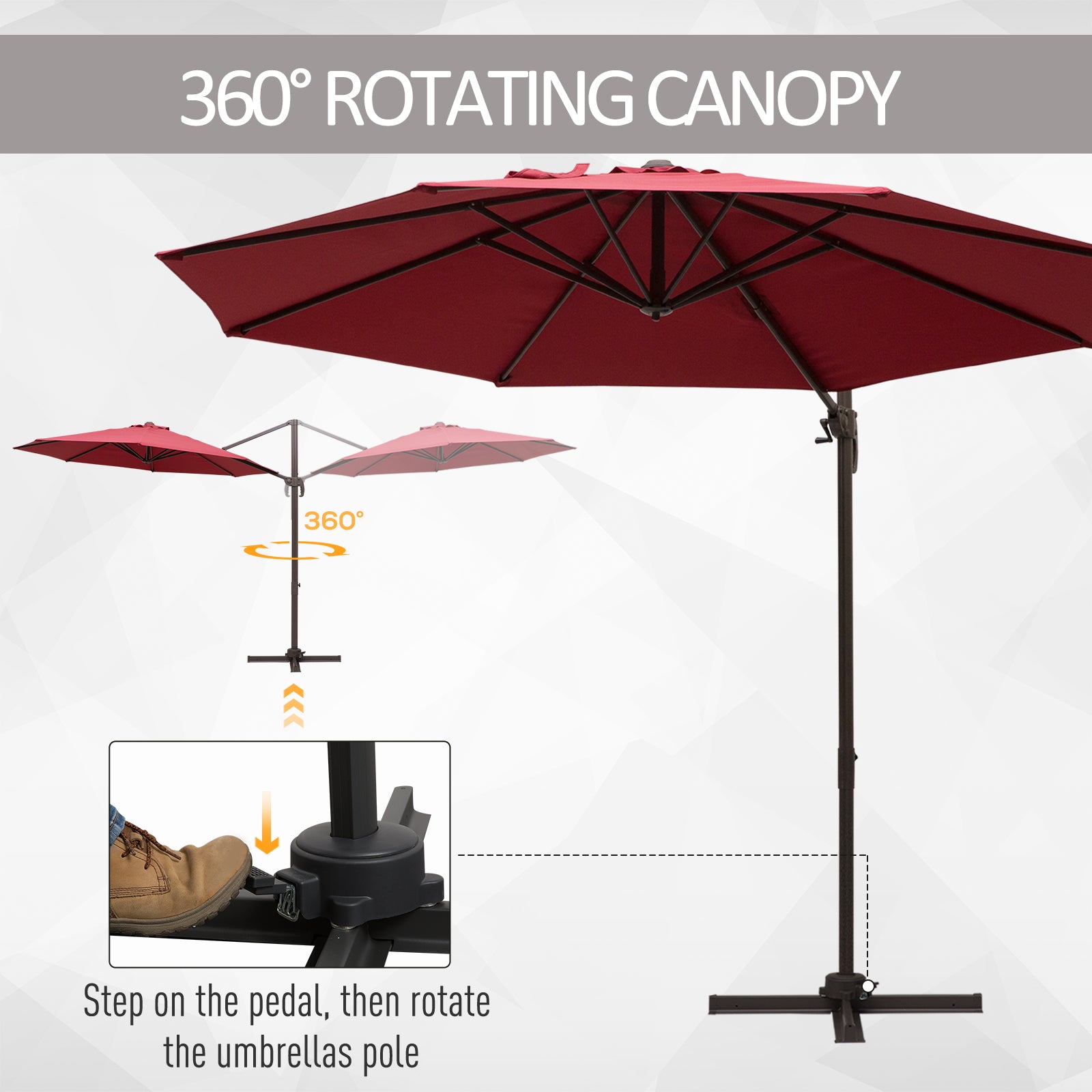 10ft Cantilever Patio Umbrella with 360° Rotation, Crank & Cross Base for Garden Deck Pool Backyard, Wine Red