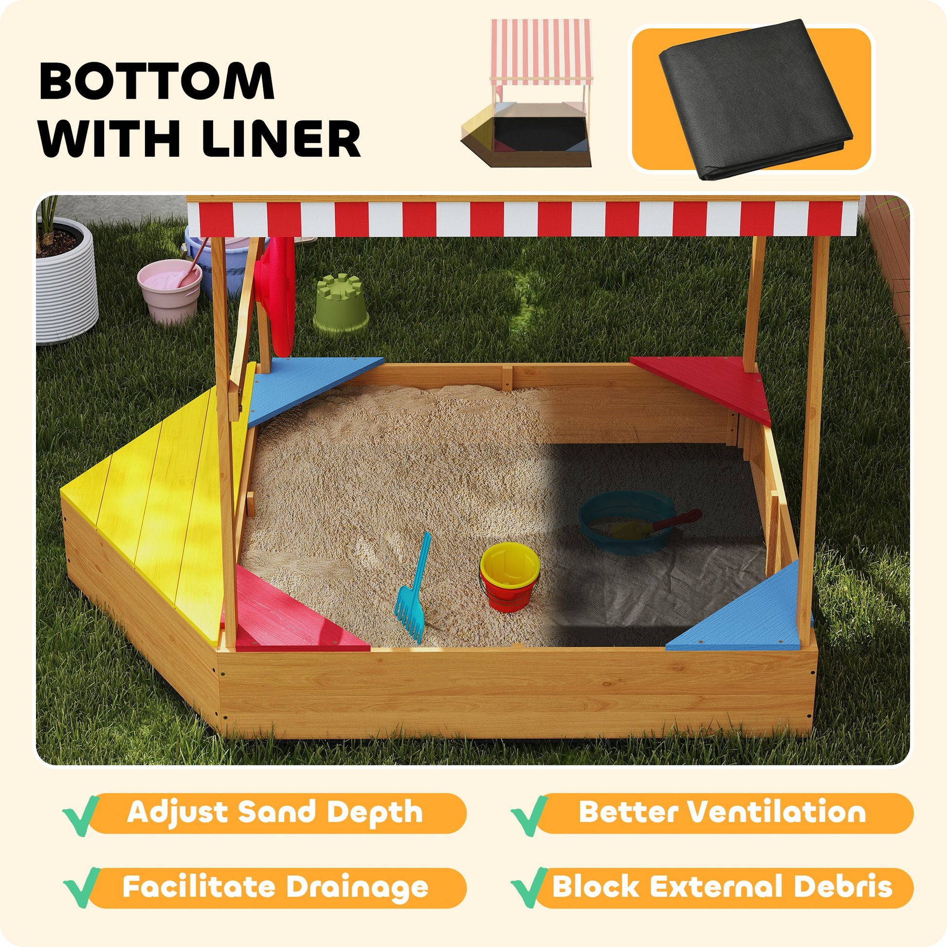 Qaba Wooden Kids Sandbox with Cover, 4 Seats, Rudder, Deck, Bottom Liner, 52" x 40" x 55.5", for Ages 3-8, Yellow
