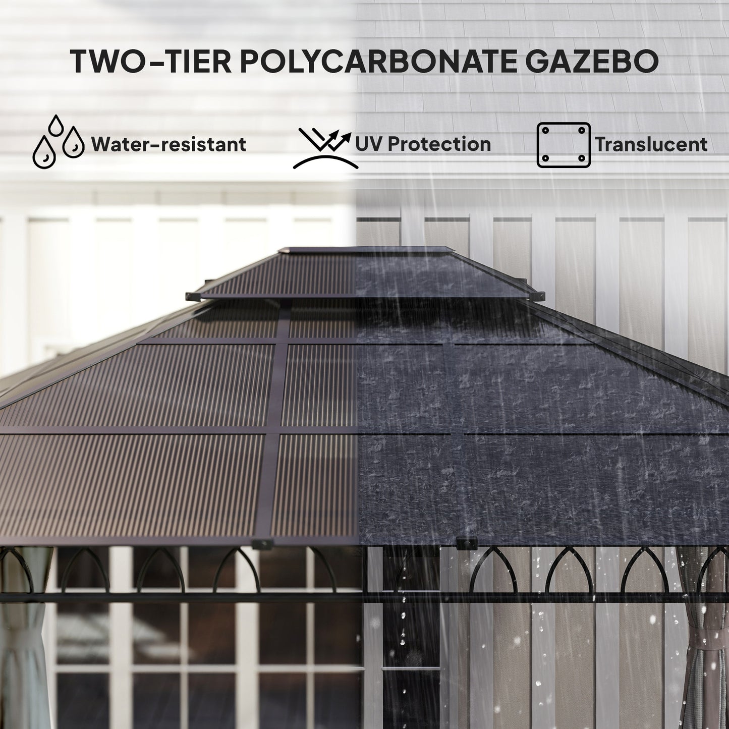 10' x 12' Outdoor Gazebo Canopy, Double Roof Hardtop Gazebo with Polycarbonate Roof, Steel Frame, Nettings and Curtains