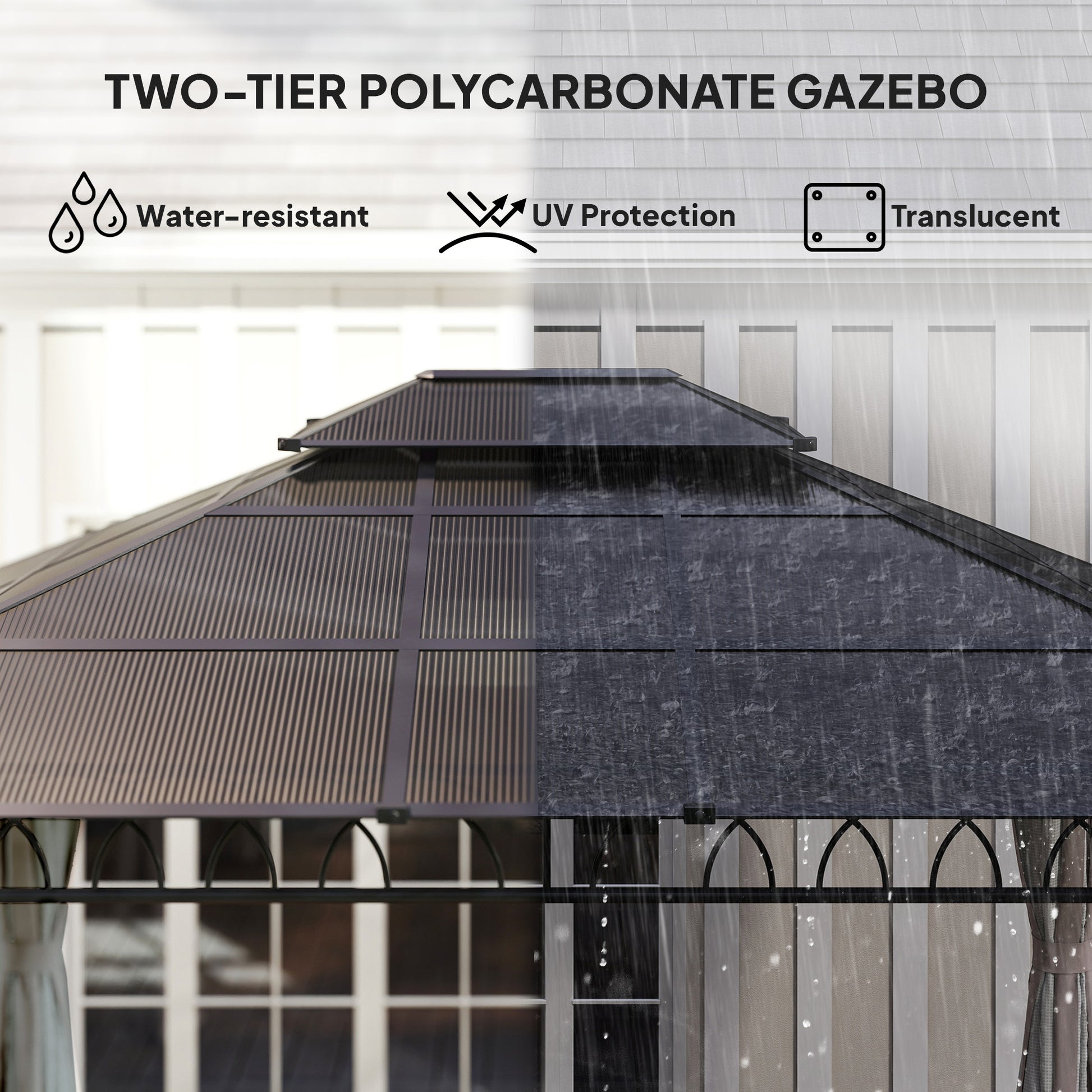 10' x 12' Outdoor Gazebo Canopy, Double Roof Hardtop Gazebo with Polycarbonate Roof, Steel Frame, Nettings and Curtains