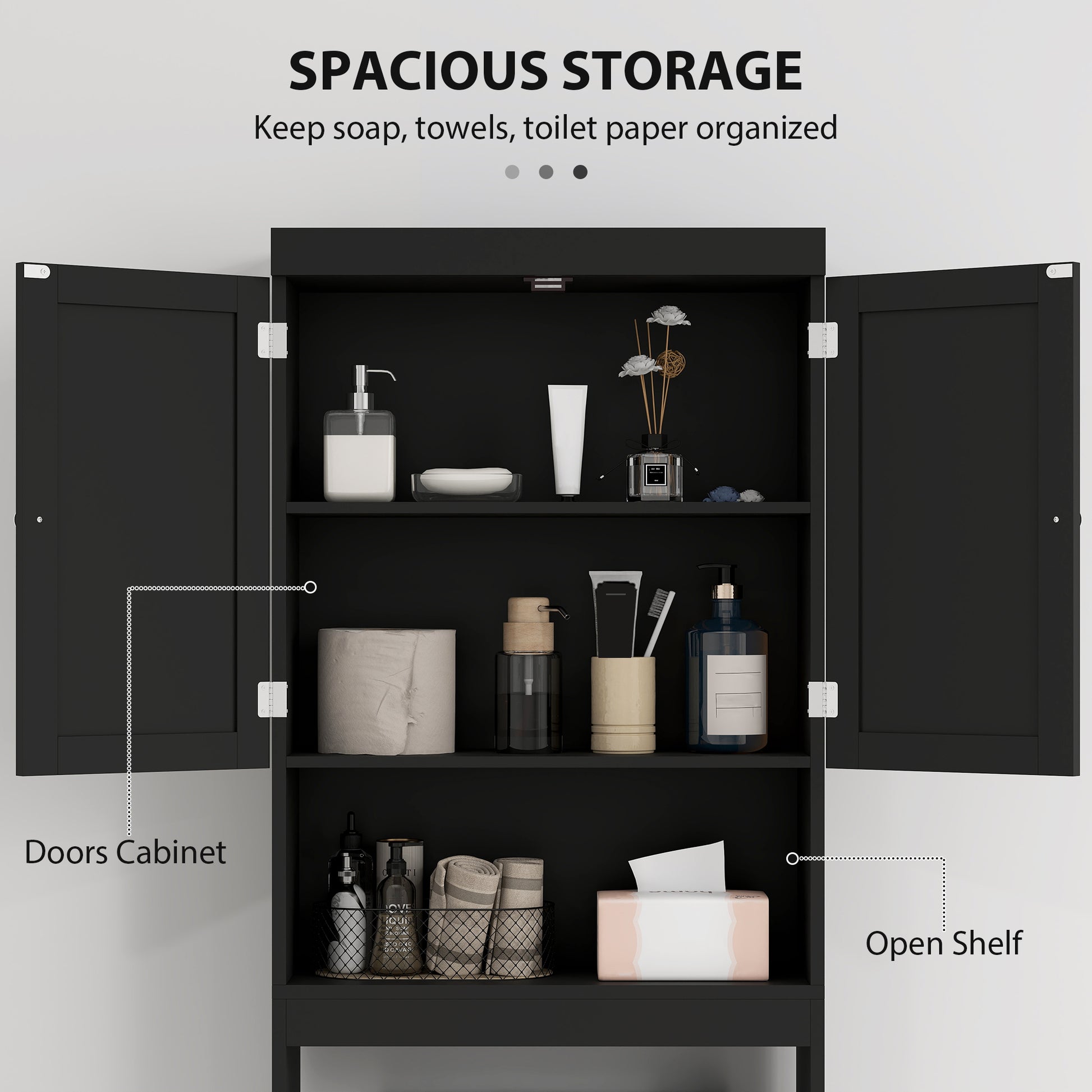 Over The Toilet Cabinet, Modern Bathroom Above Toilet Storage with Barn Doors and Open Shelf, Black