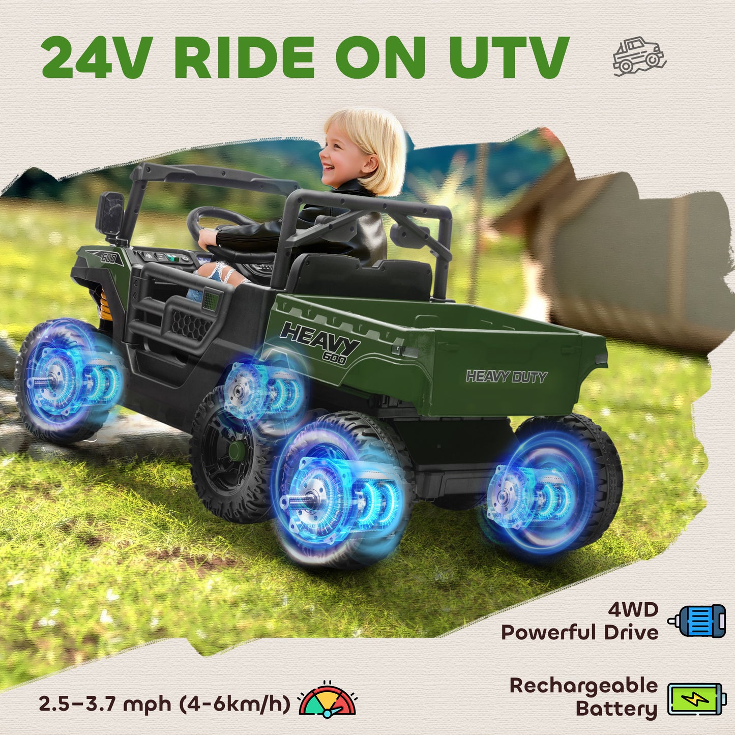 Qaba 24V 4WD Kids Ride On Truck with 6 Wheels Electric Ride On Car with Remote, Dump Bed for 3-8 Years, Green