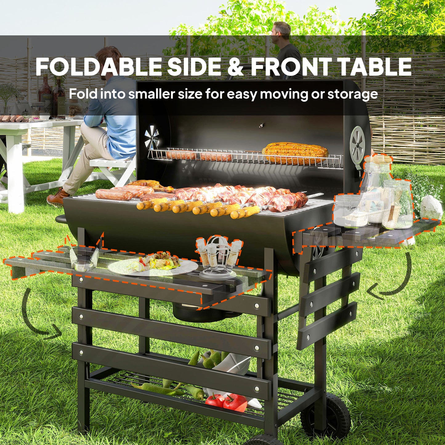 29" Charcoal BBQ Grill Barbecue Grill with Foldable Front Side Table, Spacious Cooking Area, Shelf, Black