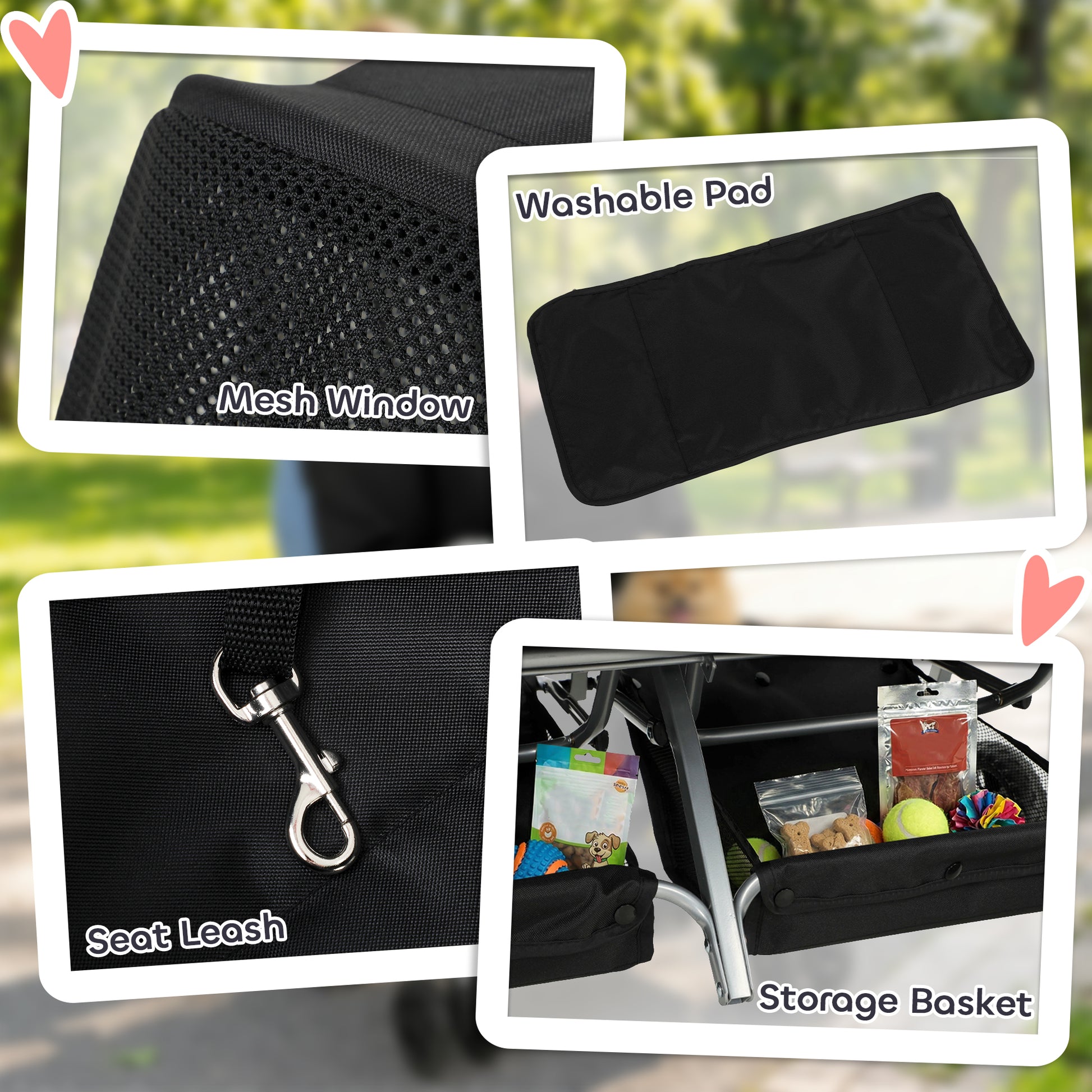 Double Pet Stroller, Foldable Dog Stroller with 2-Seater Carrier, Sunshade, Removable Pad, Safety Belt, Storage Basket