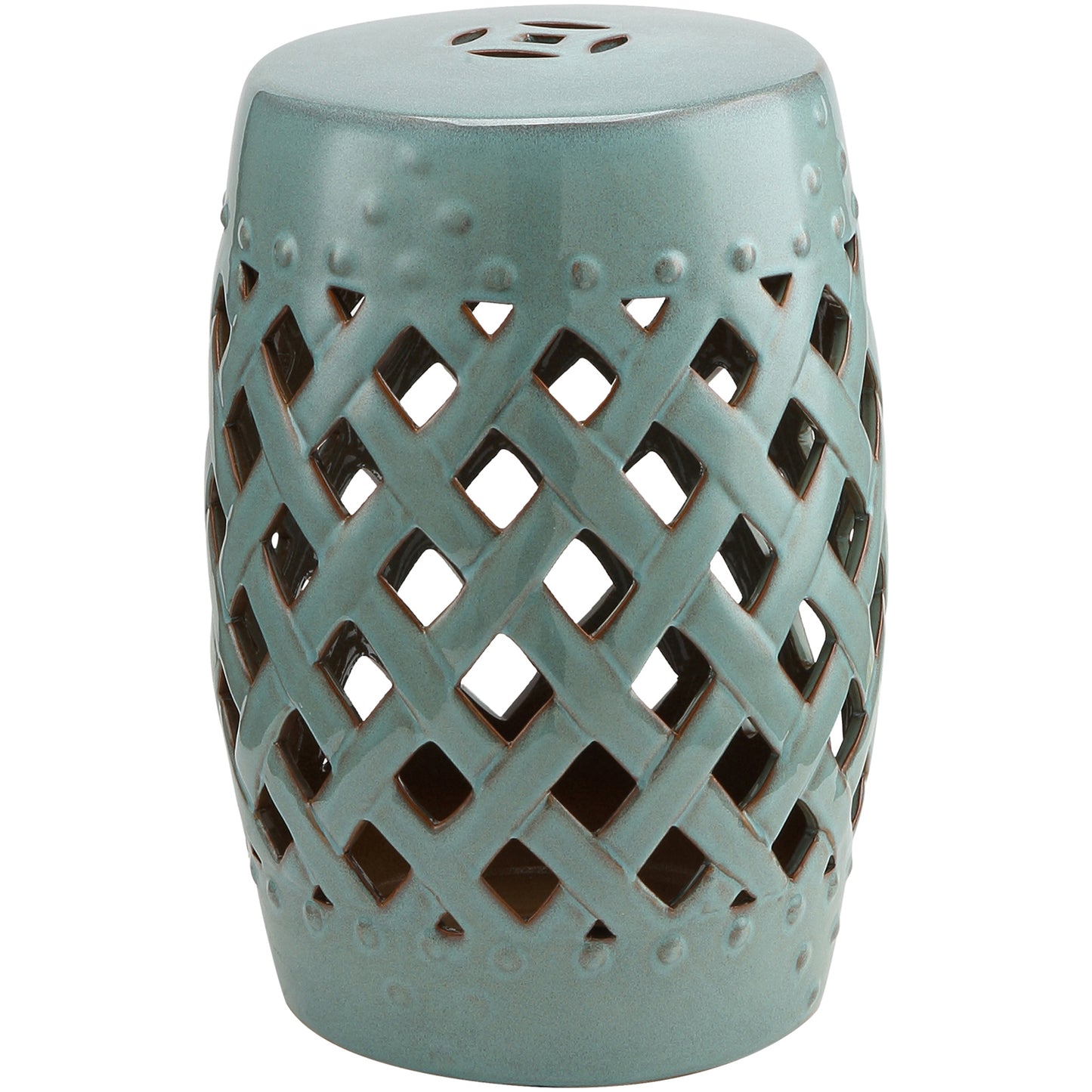 18" Ceramic Garden Stool with Woven Lattice Design, Indoor & Outdoor Decorative Accent Stool, Blue