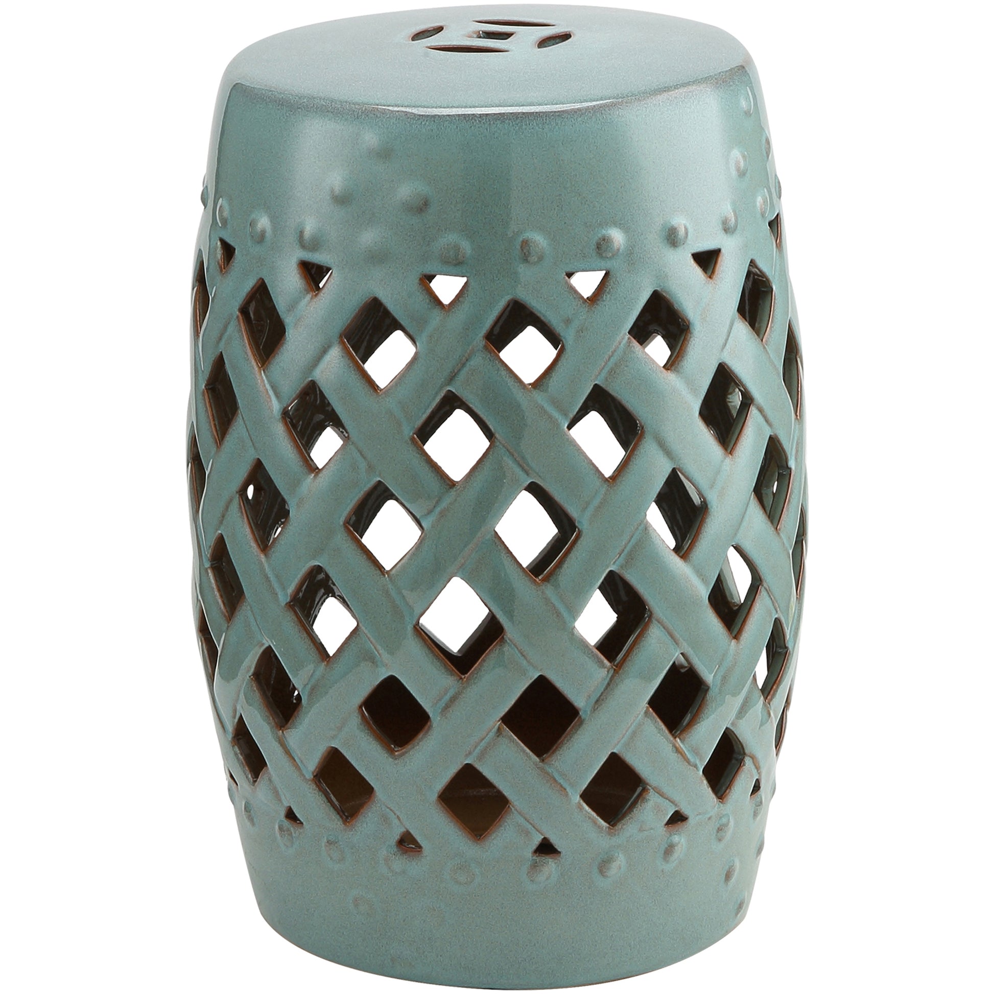 18" Ceramic Garden Stool with Woven Lattice Design, Indoor & Outdoor Decorative Accent Stool, Blue