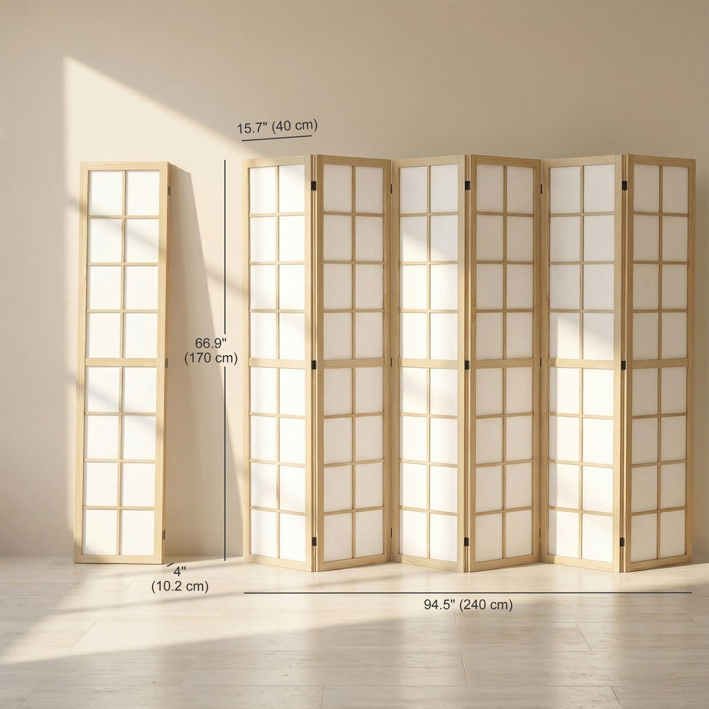 6 Panel Room Divider, 5.6 ft Folding Wall Divider Room Partition for Home Office, Bedroom, Living Room, Natural Wood