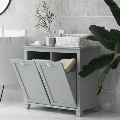 Tilt-Out Laundry Storage Cabinet, Bathroom Storage Organizer with Two-Compartment Tilt Out Hamper, Grey