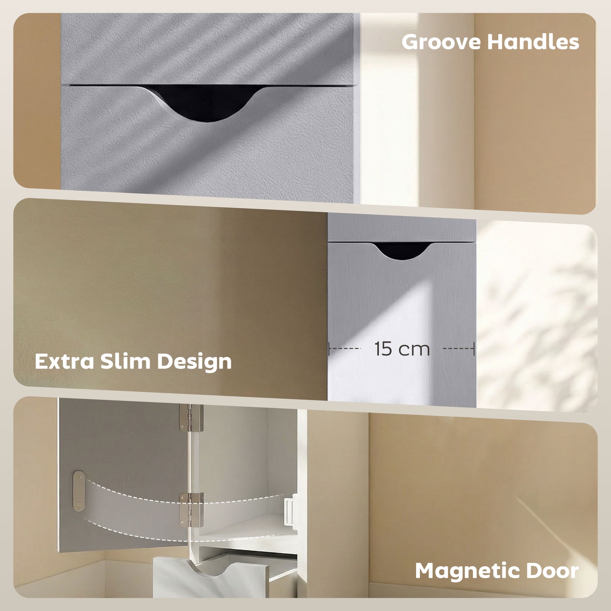 Tall Bathroom Storage Cabinet, Narrow Bathroom Cabinet with Drawers and Open Shelves for Small Spaces, White and Grey