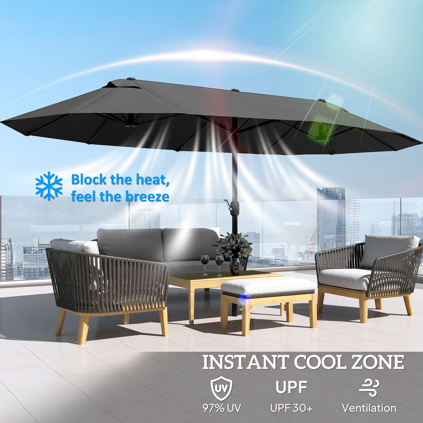 15ft Double-sided Outdoor Sun Umbrella with Twin Canopy, Outdoor Parasol with Crank for Pool, Deck, Black