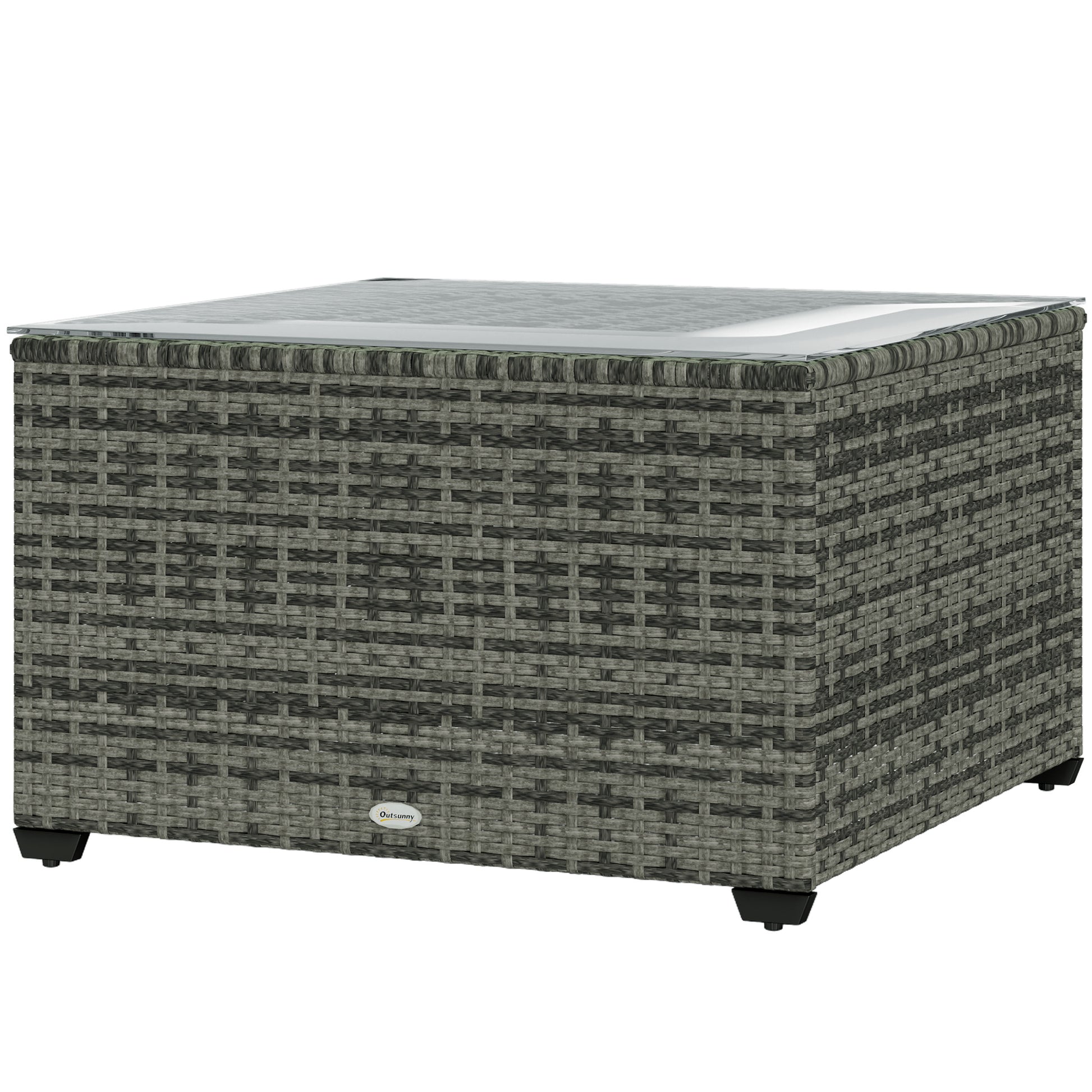 24.4" Patio Wicker Coffee Table, PE Rattan Outdoor Side Table with Tempered Glass Top, Light Grey