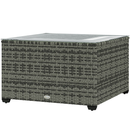 24.4" Patio Wicker Coffee Table, PE Rattan Outdoor Side Table with Tempered Glass Top, Light Grey