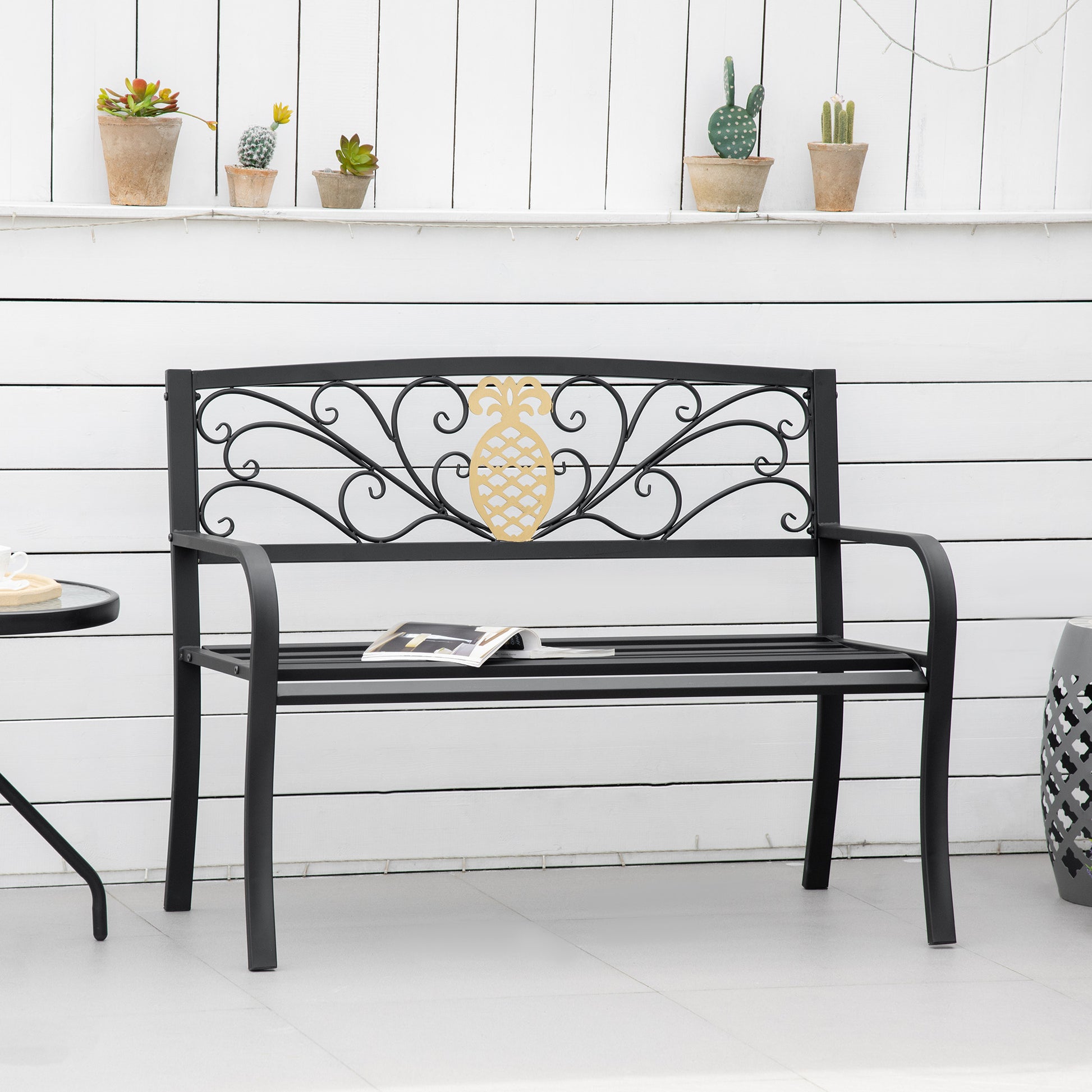 2 Seater Garden Bench 45" x 21.75" x 35.5" Steel Frame Loveseat for Yard, Lawn, Porch, Patio, Black and Gold