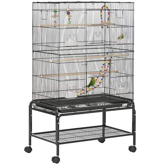 52" Bird Cage with Rolling Stand, Toys, for Budgies Canaries Black