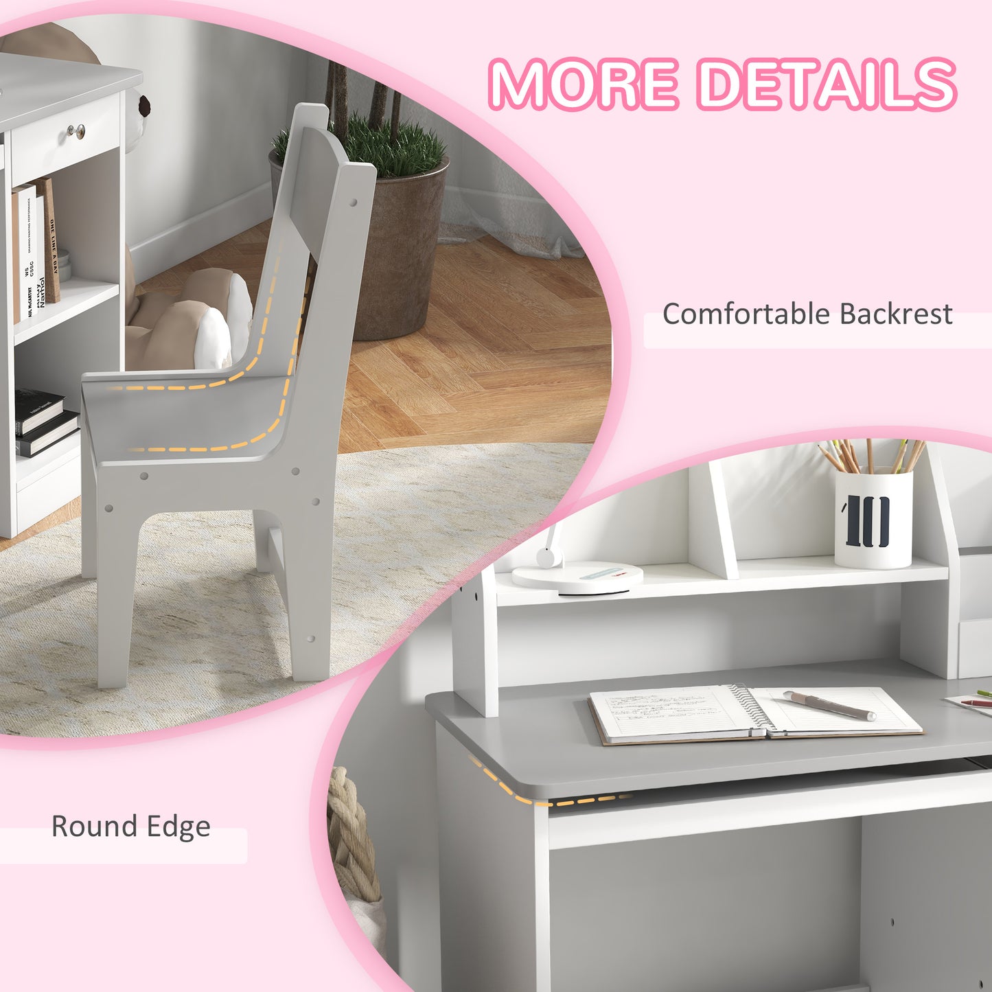 Qaba Kids Desk and Chair Set for 5-8 Year Old with Storage, Study Table and Chair for Children, Grey