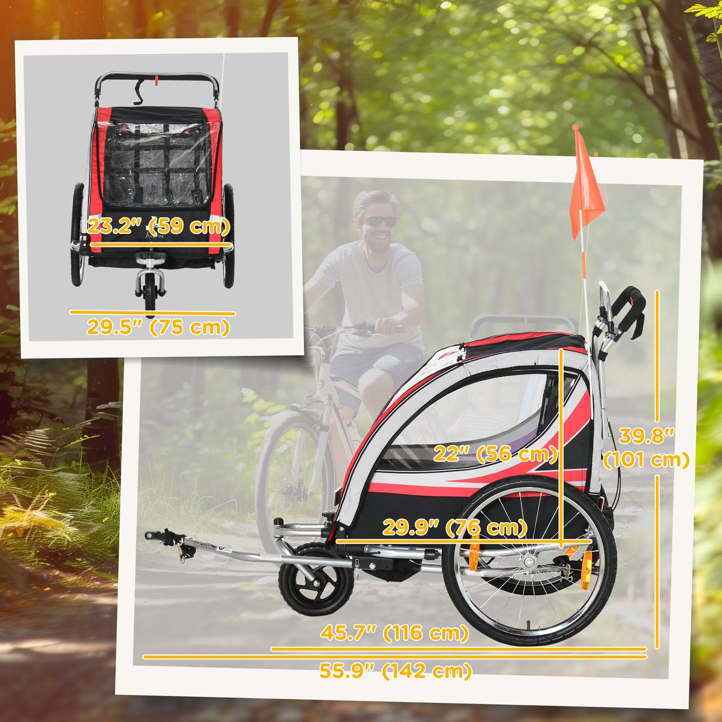 Aosom 2 Seat Bike Trailer for Kids 2-in-1 Double Baby Stroller with Handbrake, Rubber Wheels, 5 Point Harness, Waterproof Cover, Storage Bag, Reflectors, Red